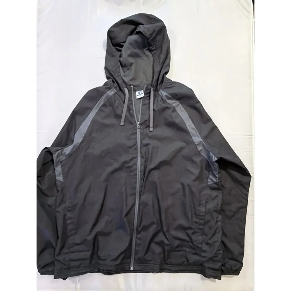 Vintage 90s Starter Jacket Zip Up Windbreaker Hooded Black Gray Mens XL (46-48) - Picture 1 of 6